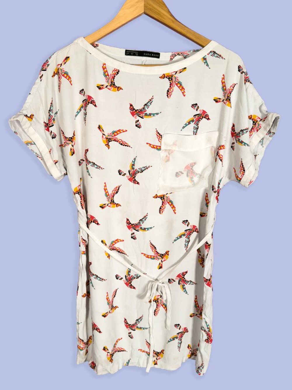 Zara Basic Bird Print Tie Waist Tunic Blouse White Short Sleeve Top